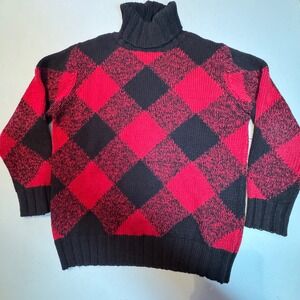 Vtg Cricket Lane Collection Red Black Argyle Turtleneck Heavy Knit Sweater M EUC